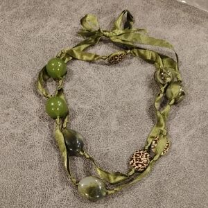 Olive Green and Leopard Print Beaded Necklace